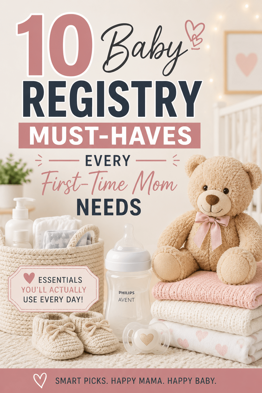 10 baby registry must-haves for first-time moms featuring baby essentials including a teddy bear, baby bottle, pacifier, blankets, and nursery accessories in a soft neutral nursery setting.