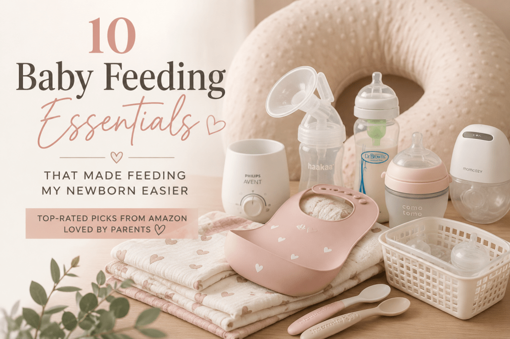 Flat lay of baby feeding essentials including bottles, breast pump, nursing pillow, bibs, burp cloths, and feeding accessories in soft neutral tones.