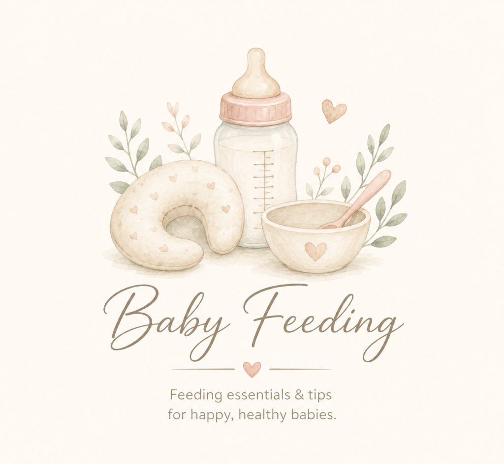 Watercolor baby feeding category illustration featuring a baby bottle, nursing pillow, feeding bowl, and soft botanical accents in neutral pastel tones.