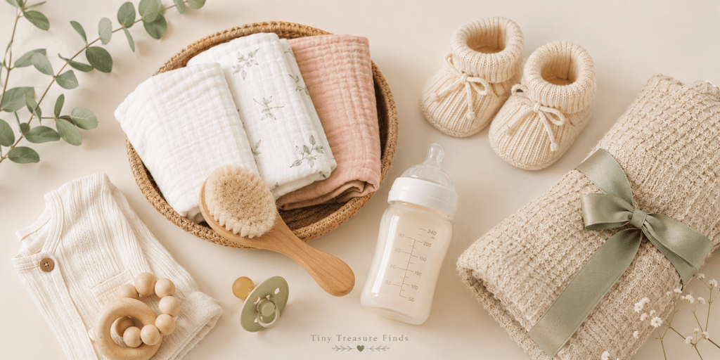 Soft flat lay of baby registry essentials including muslin cloths, baby booties, a bottle, pacifier, blanket and newborn outfit.