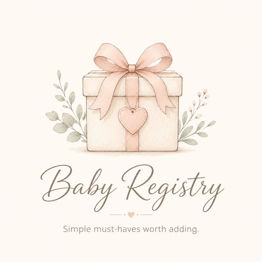 Soft watercolor gift box illustration for baby registry must-haves.