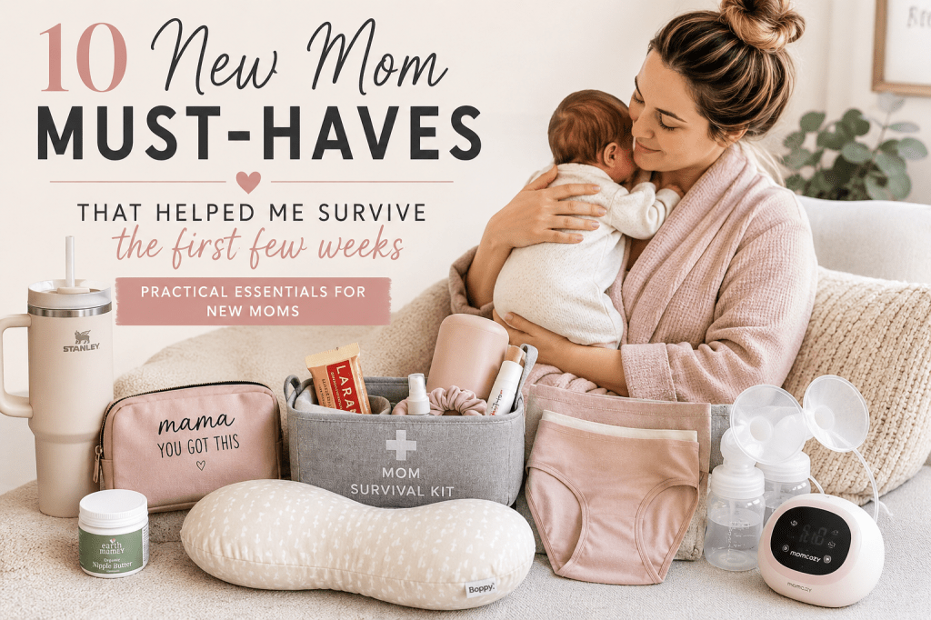 New mom holding her newborn while surrounded by postpartum recovery essentials and baby care products.