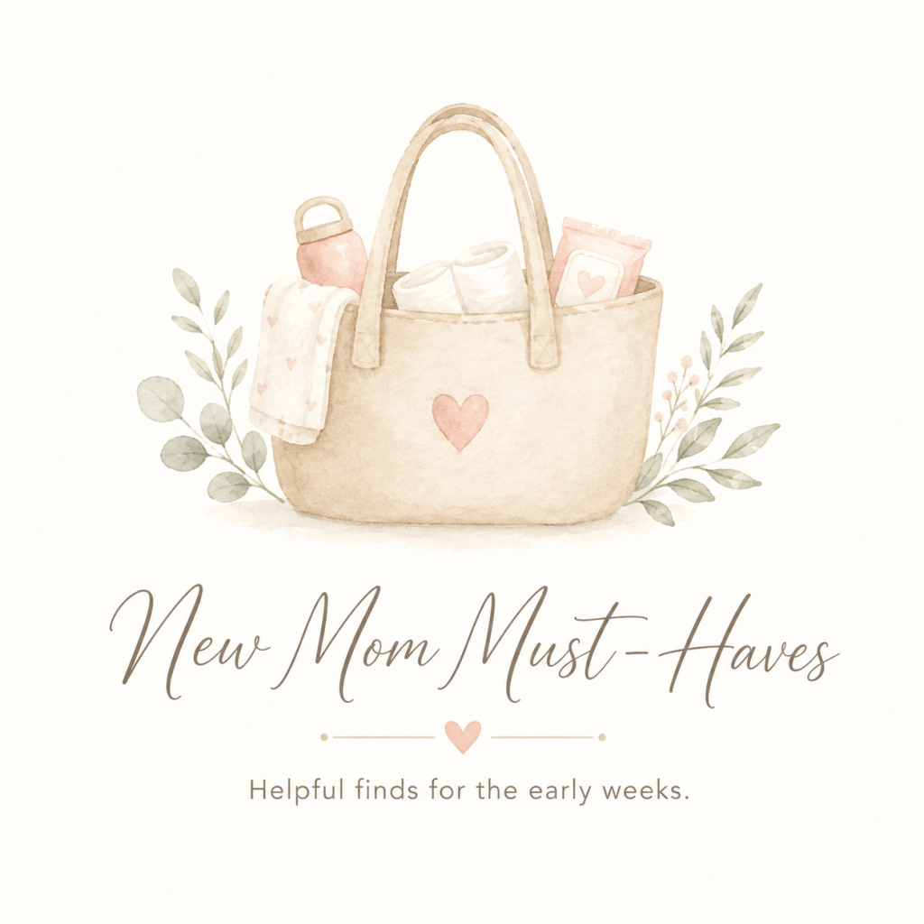 Soft watercolor tote bag illustration for new mom must-haves and early newborn essentials.