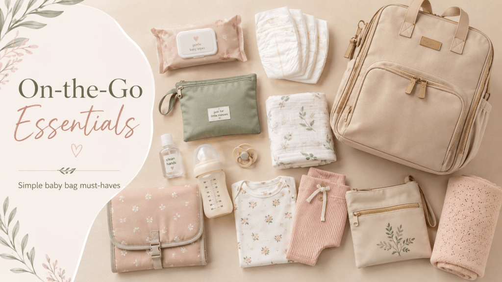 Soft neutral featured image showing on-the-go baby bag essentials, including a diaper bag, baby wipes, nappies, bottle, pacifier, muslin cloths, spare baby clothes, hand sanitiser, changing mat and zip pouches.