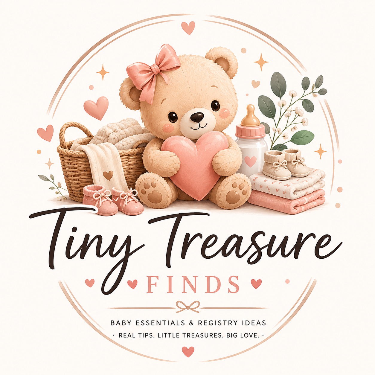 Tiny Treasure Finds logo with a soft baby-themed design, featuring a teddy bear, baby bottle, rainbow and gentle neutral colors.