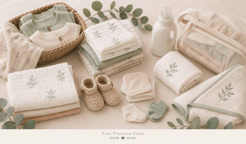 Soft flat lay of newborn laundry items including baby onesies, muslin cloths, blankets, towels, socks, booties, mesh laundry bag and baby detergent.