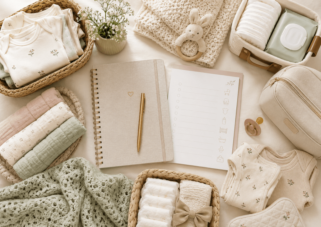 Flat lay of newborn clothes, nappies, baby blanket, hospital bag and planner for organising baby prep before baby arrives.