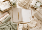 Flat lay of newborn clothes, nappies, baby blanket, hospital bag and planner for organising baby prep before baby arrives.